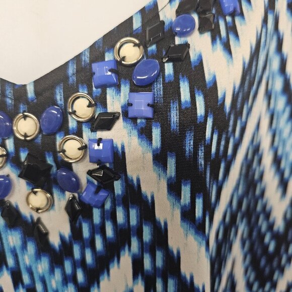 Avenue Blue White Chevron Aztec Sleeveless Midi Dress Beaded Boho 22/24 - Picture 3 of 13